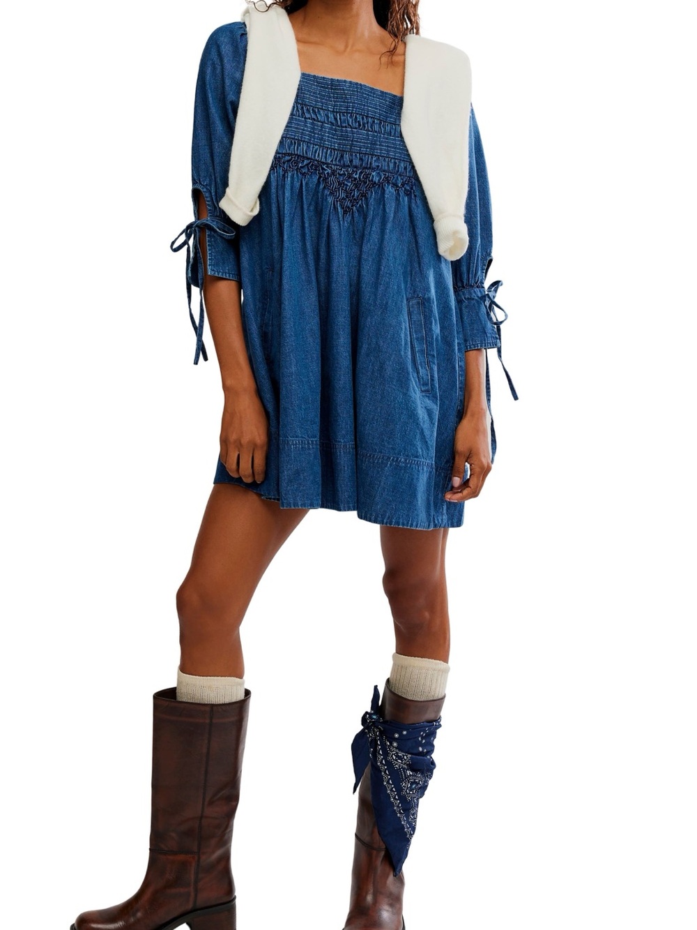 Free People Blue Denim Babydoll Mini Dress Square Neck Smocked Boho Cottagecore - Picture 3 of 13